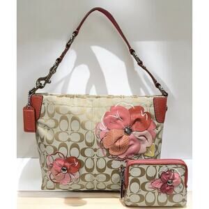 Y2K Coach F16879 Signature Floral Carly Hobo Bag & Corner Zip Wallet